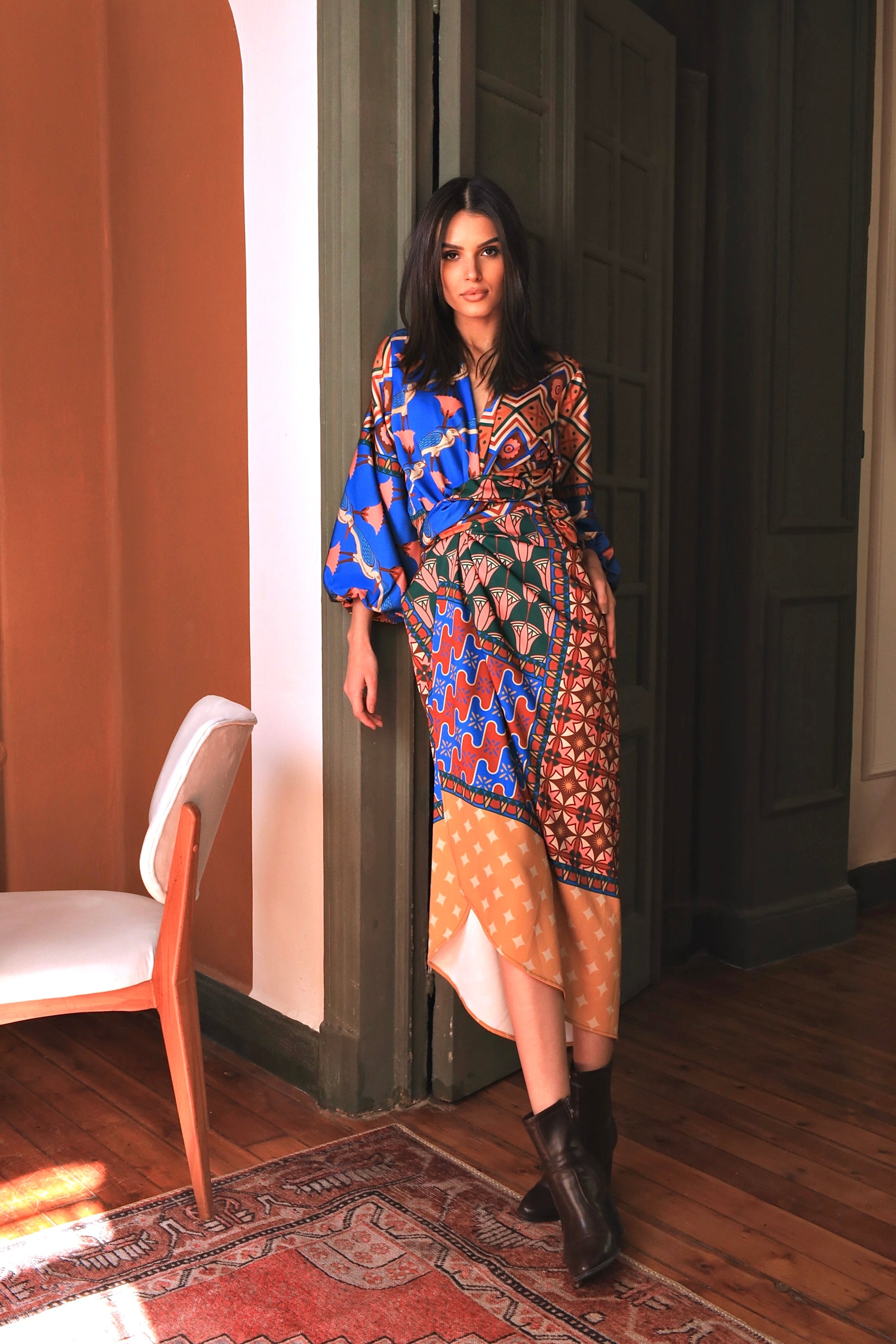 blue heron dress Blue Heron Cotton Maxi Dress: Hand Block Printed Boho Kimono Gift For Her Him Birthday Anniversary